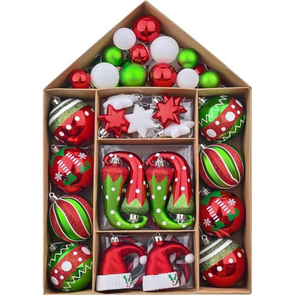 70ct Elf‎ Christmas Ornaments Set, Red Green White Shatterproof Ball Decorations